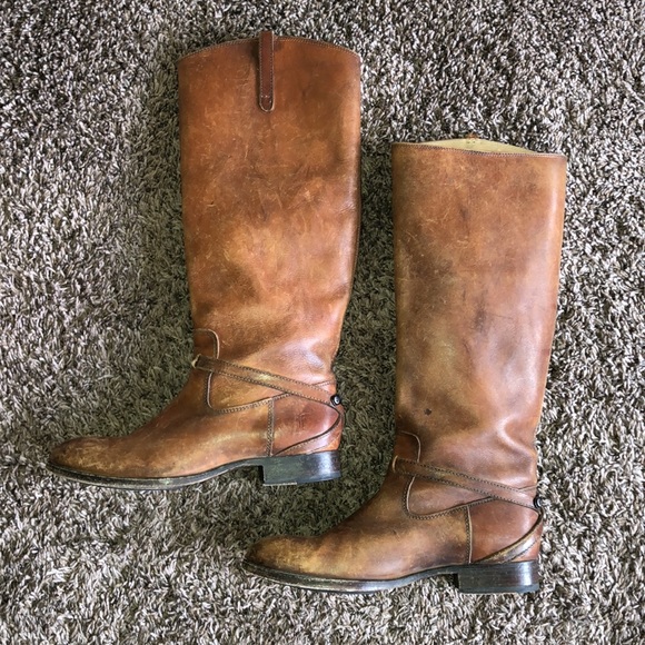 Frye Lindsay Plate Tall Boots: Cognac Brown Distressed, Size 8.5. - Picture 4 of 16